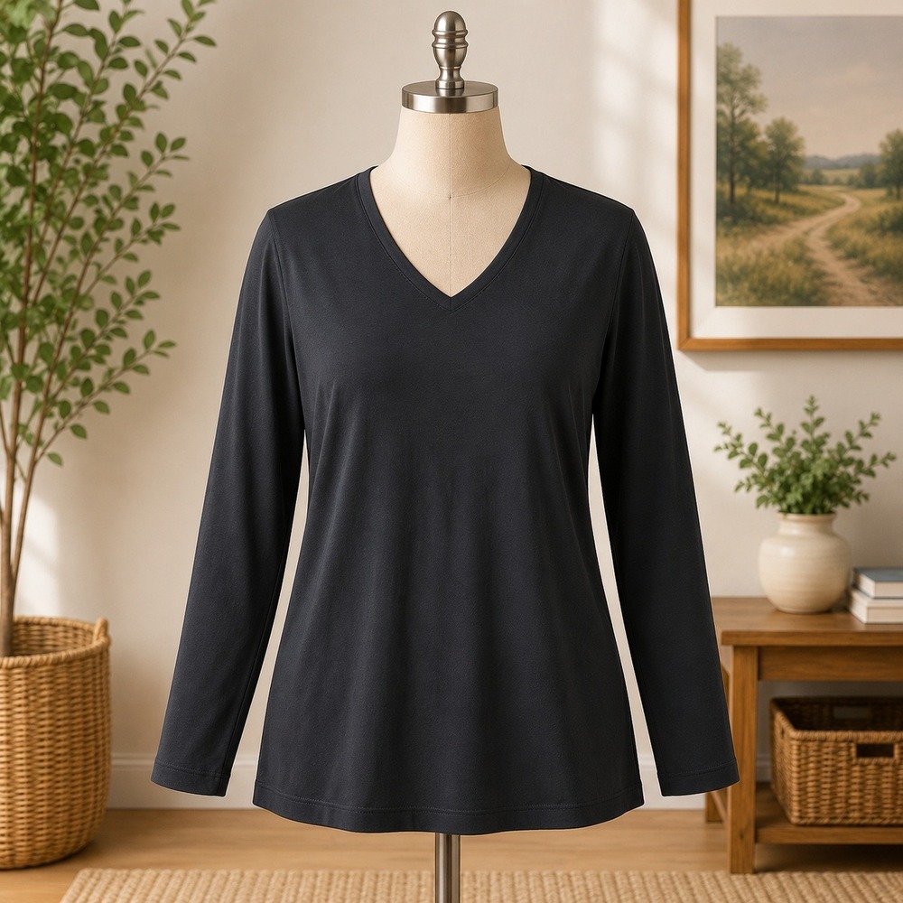 Susan Graver Modern Essentials Top Womens L Black Long Sleeve V-Neck Solid Shirt